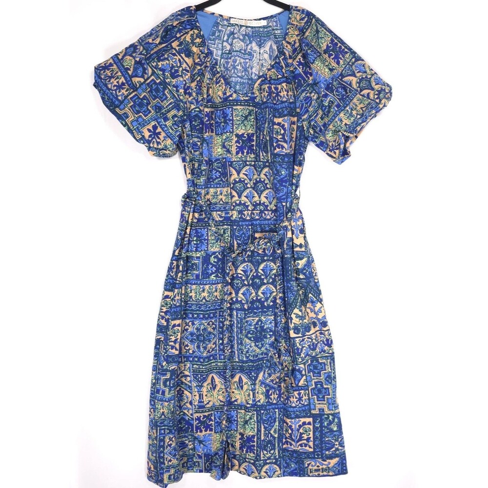 MARIE OLIVER Blue Print Cotton SMALL Dress Belted Short Sleeve Women’s Tie Waist